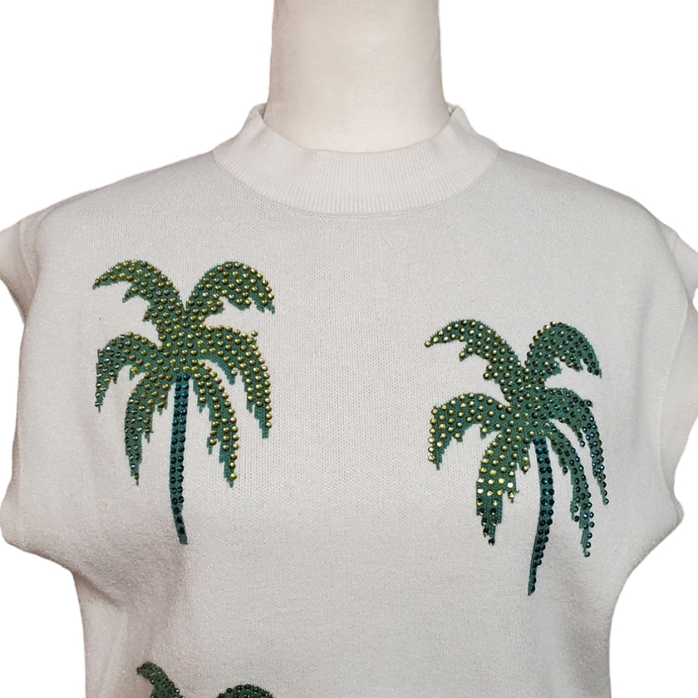 Ontwelfth Sweater Vest Womens Size XLarge Green Rhinestone Palms Pullover Vest - Picture 2 of 11